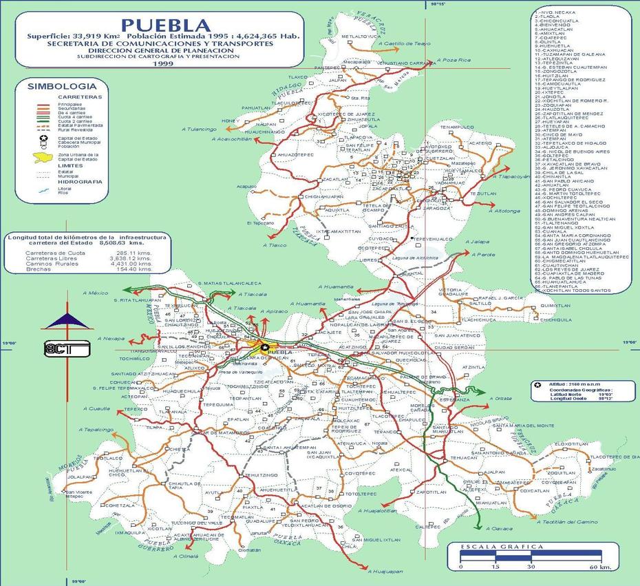 Puebla Road Map 1999 – Full Size | Gifex, Puebla, Mexico, Atlixco Puebla, Leon Mexico