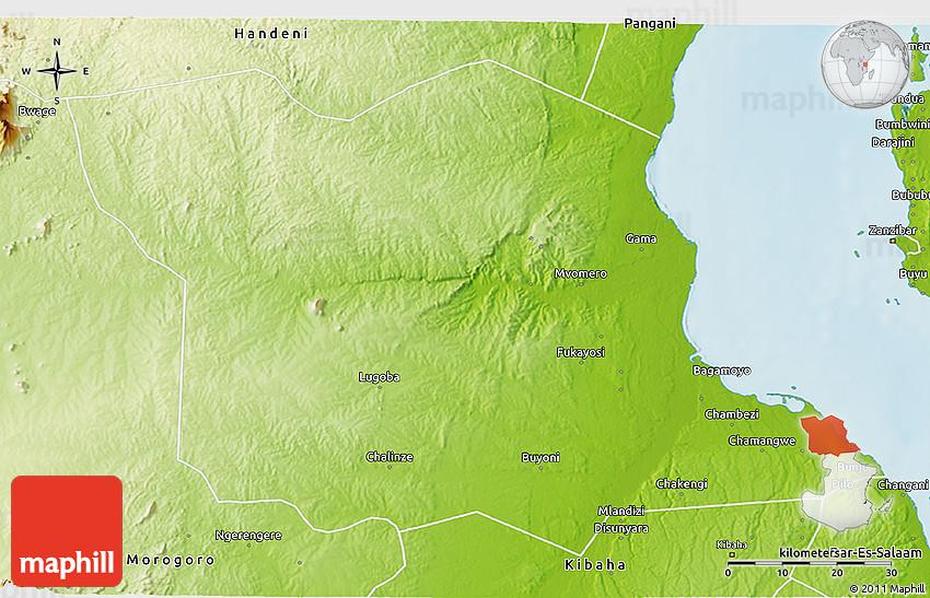 Physical 3D Map Of Bagamoyo, Bagamoyo, Tanzania, Tanzania Location, Tanzania Coast