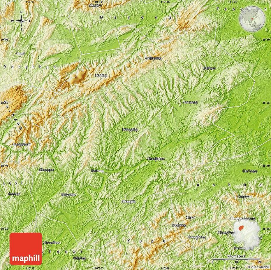 Physical Map Of Yuanling, Yuanping, China, China  Black, China  Transparent