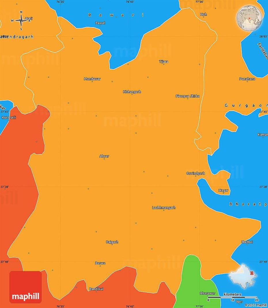 Political Simple Map Of Alwar, Alwar, India, Rajasthan Physical, Bhilwara