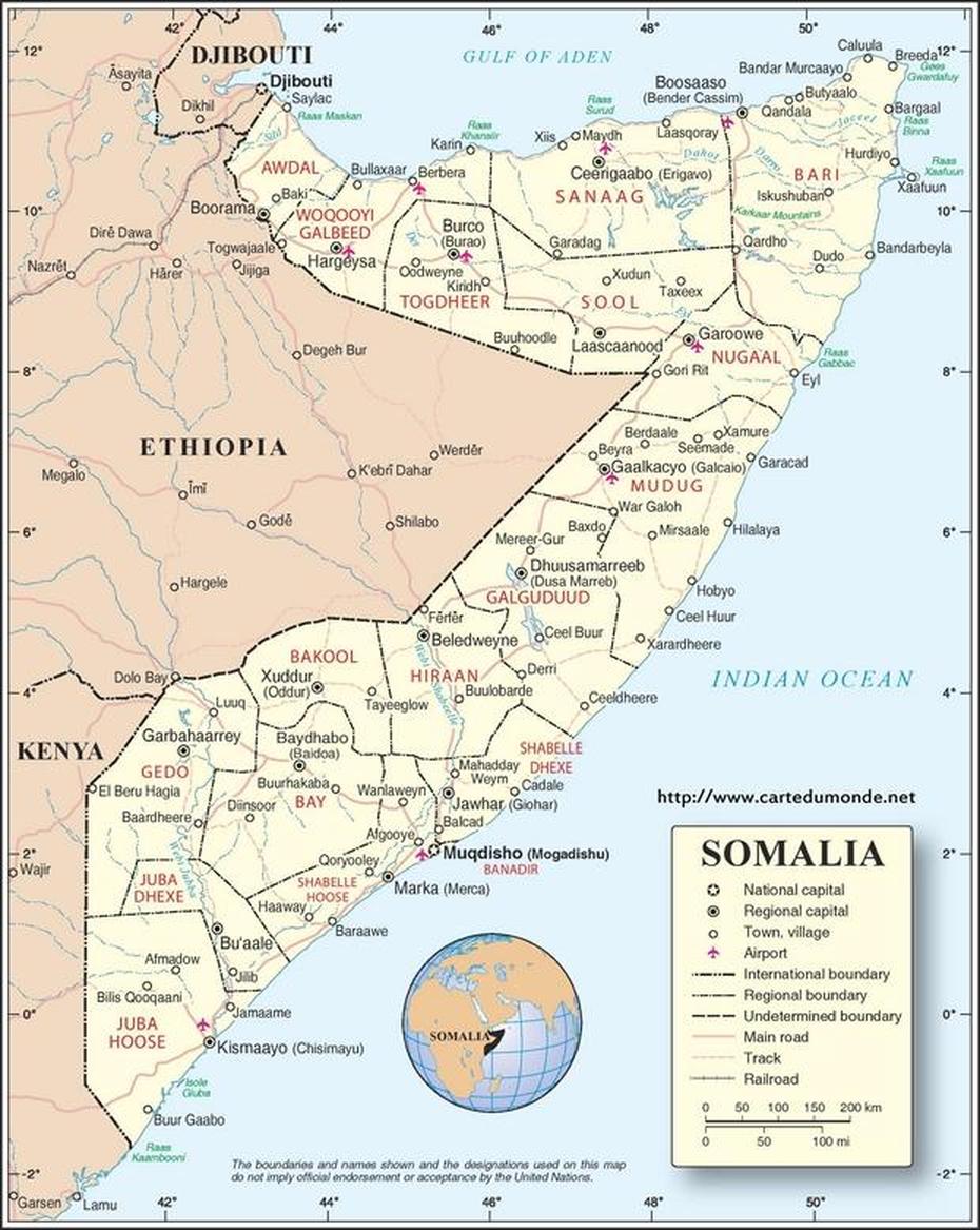 Kaart Somalie, Land Kaart Somalie, Qardho, Somalia, Mogadiscio, Somalia Political
