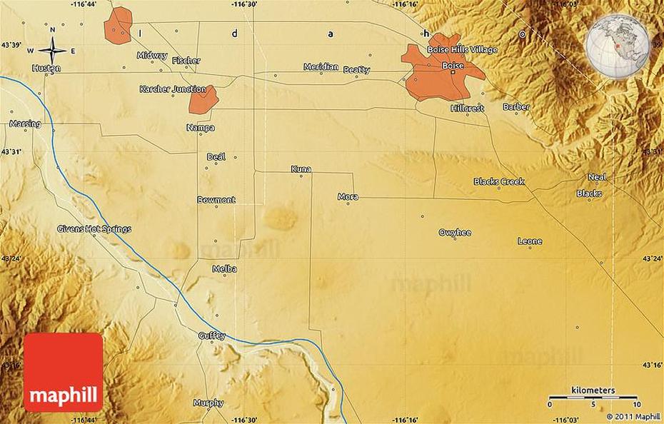 Physical Map Of Boise, Boise, United States, Idaho  With Counties, Idaho State  Printable