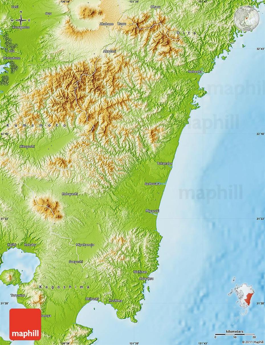 Physical Map Of Miyazaki, Miyazaki, Japan, Fukuoka City Japan, Ancient Japan